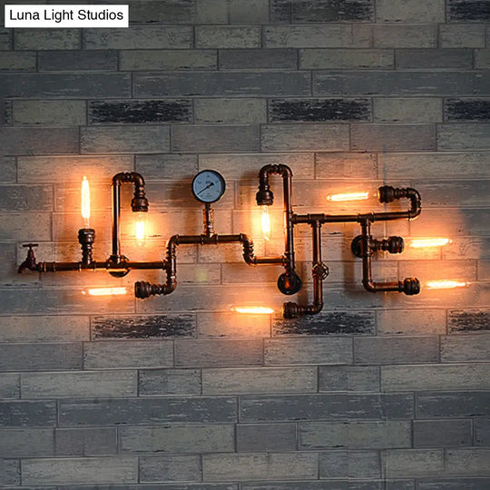 Maze Design Metal Wall Lighting With Steampunk Pressure Gauge - Bronze 8-Light Bathroom Sconce