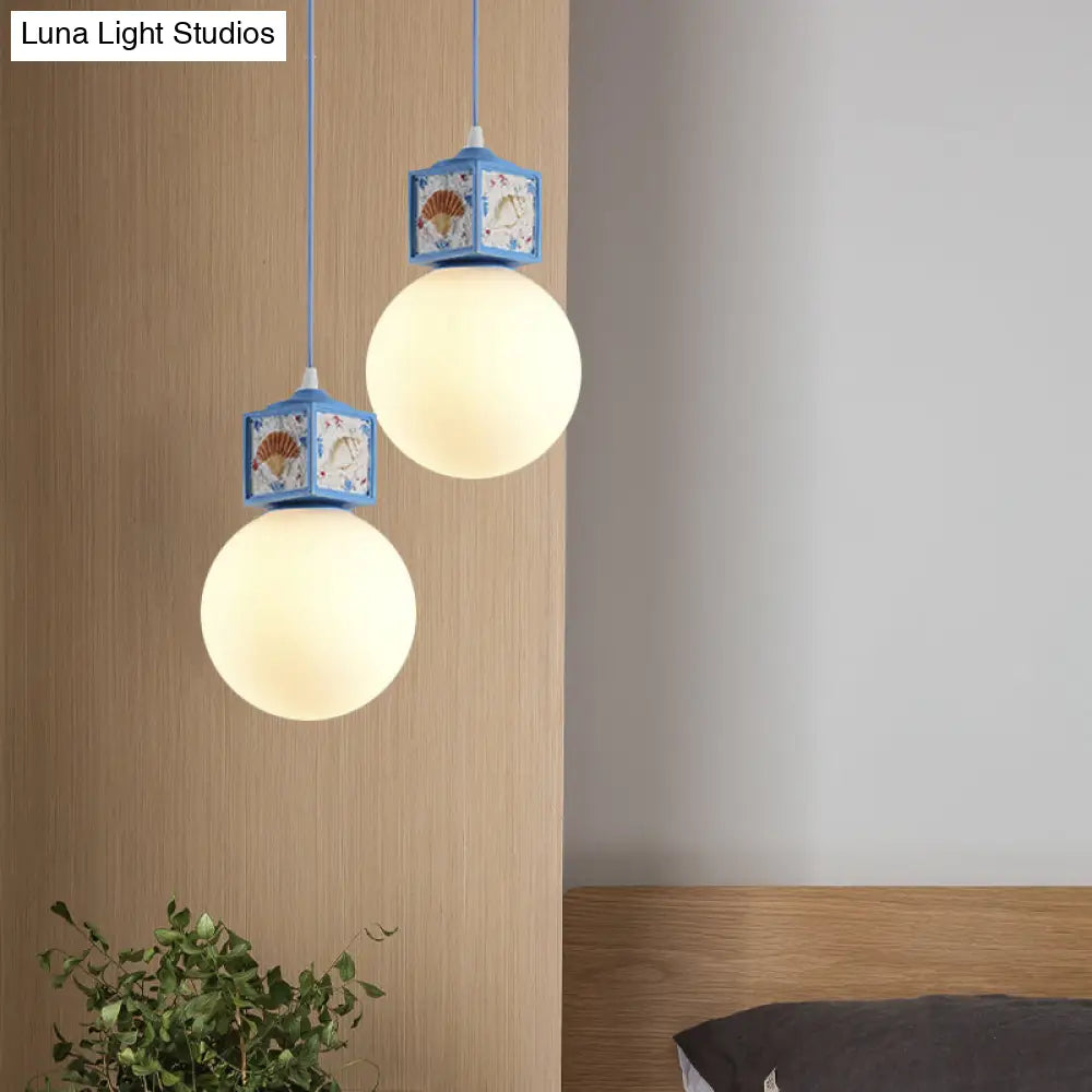 Mediterranean 1-Head Hanging Lamp Kit: White Glass Ball Pendant Light With Conch Cube Deco Sky Blue
