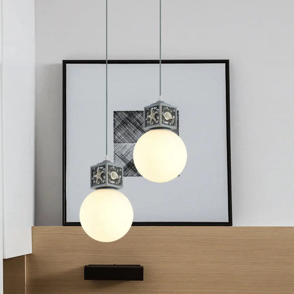 Mediterranean 1-Head Hanging Lamp Kit: White Glass Ball Pendant Light With Conch Cube Deco Sky Blue