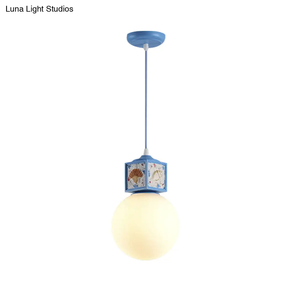 Mediterranean 1-Head Hanging Lamp Kit: White Glass Ball Pendant Light With Conch Cube Deco Sky Blue