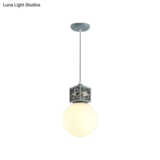 Mediterranean 1-Head Hanging Lamp Kit: White Glass Ball Pendant Light With Conch Cube Deco Sky Blue