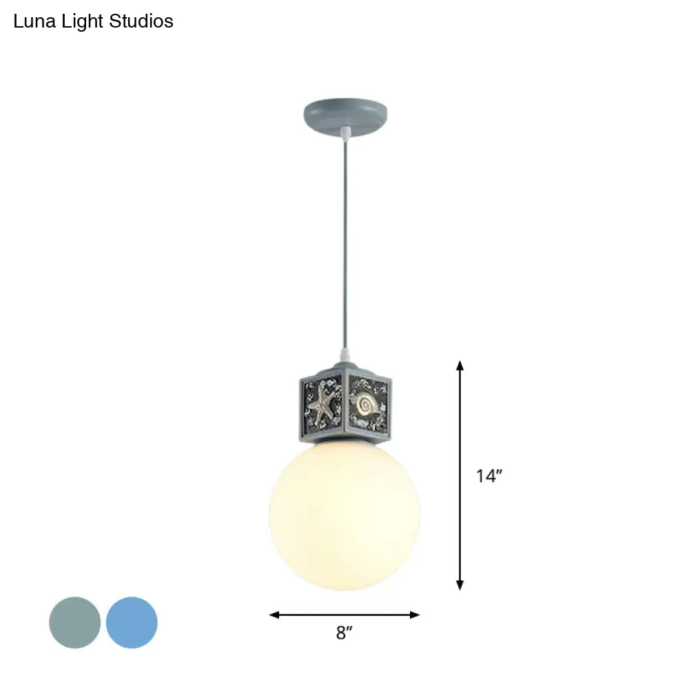 Mediterranean 1-Head Hanging Lamp Kit: White Glass Ball Pendant Light With Conch Cube Deco Sky Blue