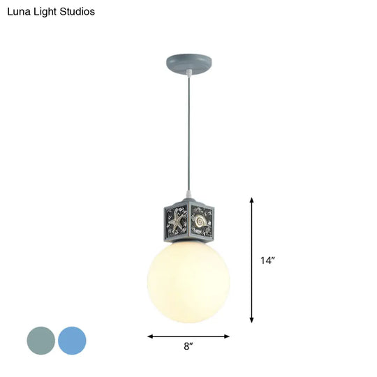 Mediterranean 1-Head Hanging Lamp Kit: White Glass Ball Pendant Light With Conch Cube Deco Sky Blue