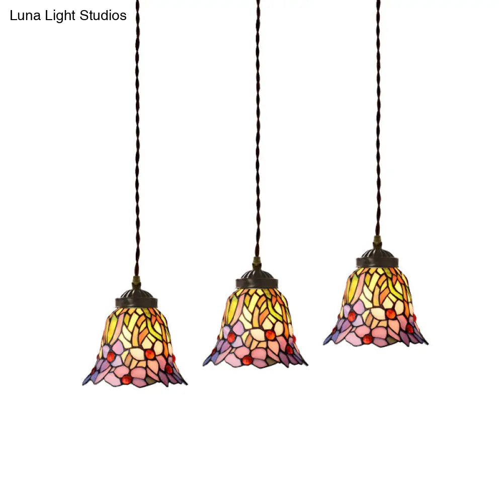Mediterranean 3-Light Multi Pendant With Stained Glass Shades In Pink/Blue/Green