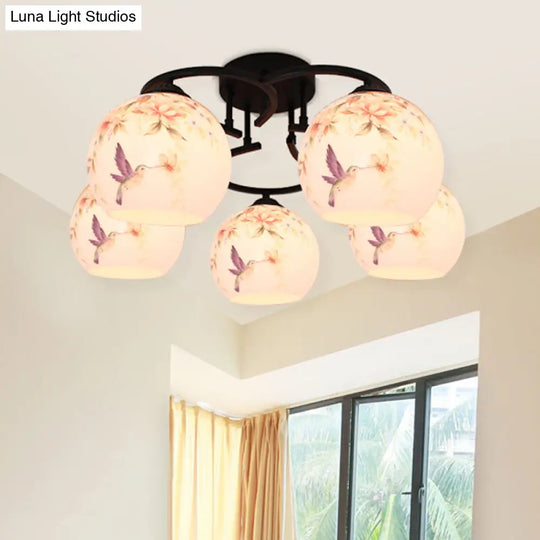 Mediterranean 5-Light Semi Flush Cut Glass Ceiling Lamp With Floral And Animal Motifs