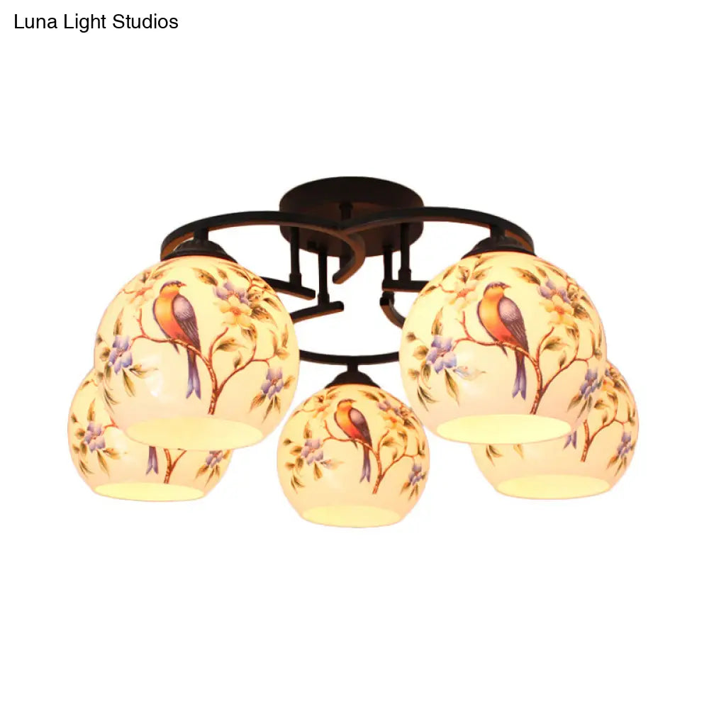 Mediterranean 5-Light Semi Flush Cut Glass Ceiling Lamp With Floral And Animal Motifs White / Flower