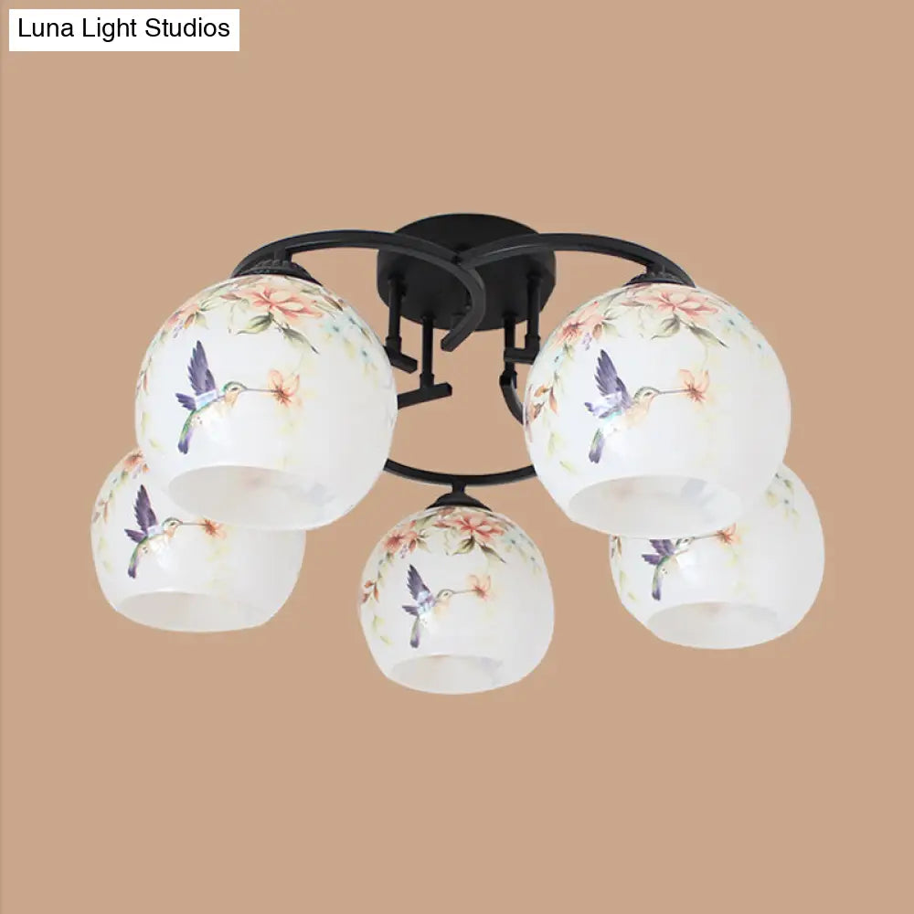 Mediterranean 5-Light Semi Flush Cut Glass Ceiling Lamp With Floral And Animal Motifs