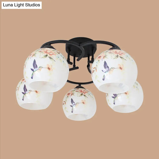 Mediterranean 5-Light Semi Flush Cut Glass Ceiling Lamp With Floral And Animal Motifs