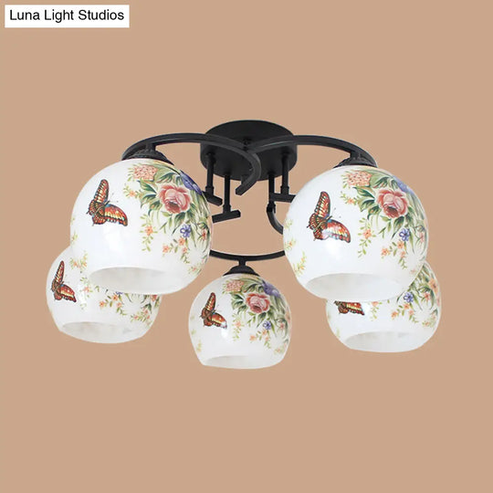 Mediterranean 5-Light Semi Flush Cut Glass Ceiling Lamp With Floral And Animal Motifs