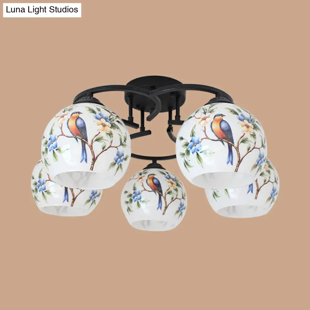 Mediterranean 5-Light Semi Flush Cut Glass Ceiling Lamp With Floral And Animal Motifs