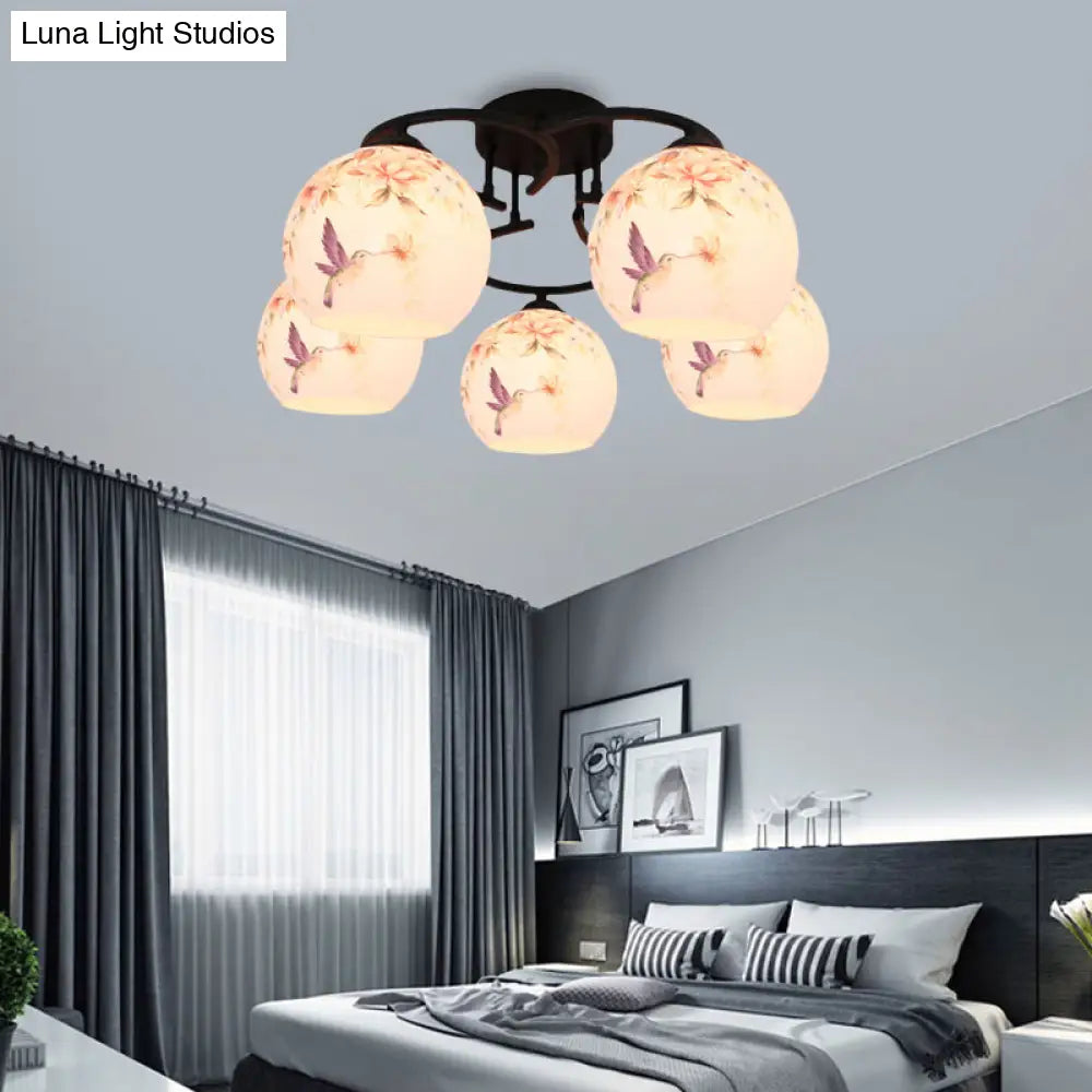 Mediterranean 5-Light Semi Flush Cut Glass Ceiling Lamp With Floral And Animal Motifs White / Bird