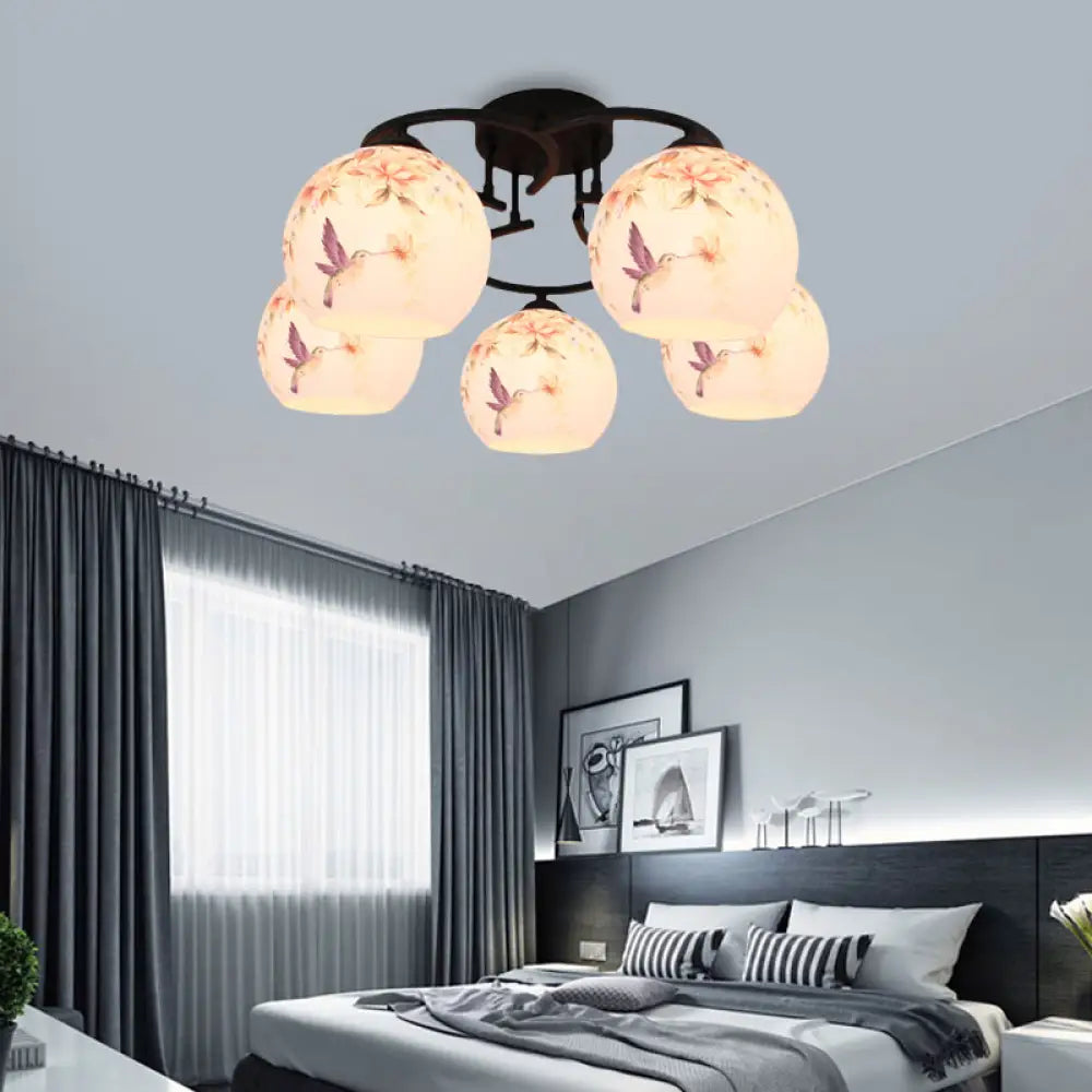 Mediterranean 5-Light Semi Flush Cut Glass Ceiling Lamp With Floral And Animal Motifs White / Bird