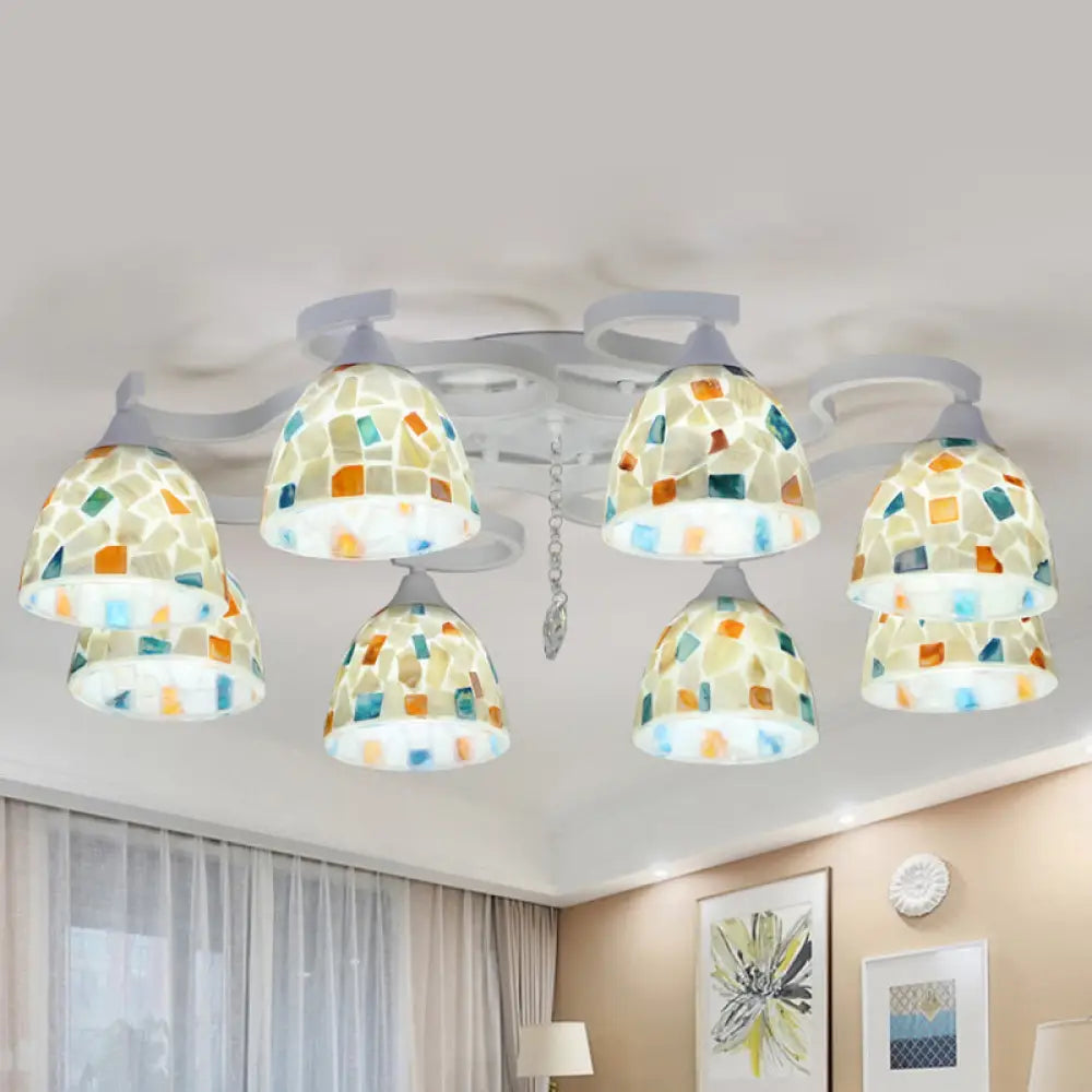Mediterranean 8 - Light White Semi Flush Mount Chandelier With Mosaic Tile And Bell Shell Accents