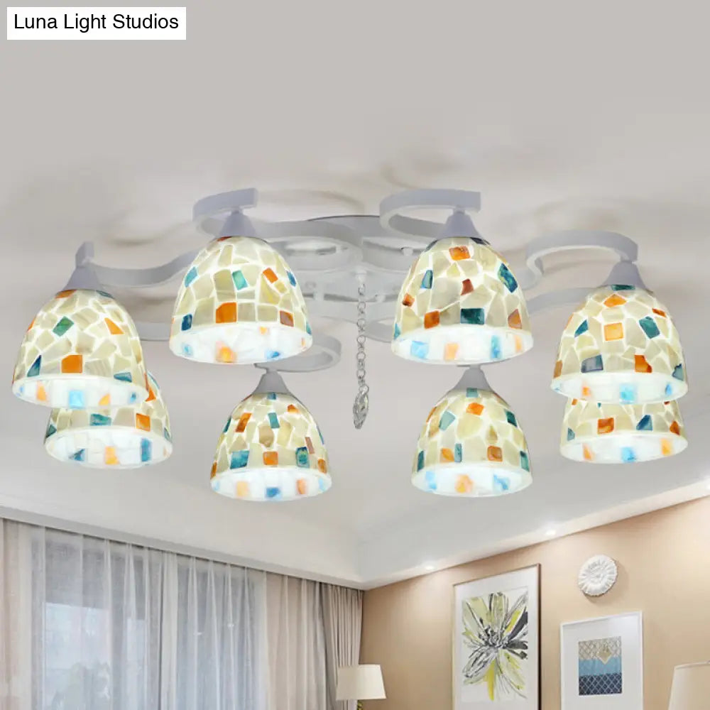 Mediterranean 8-Light White Semi Flush Mount Chandelier With Mosaic Tile And Bell Shell Accents