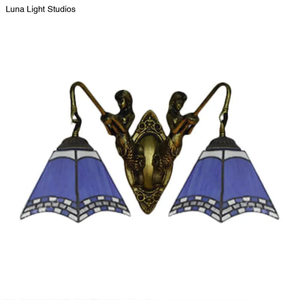 Mediterranean Antique Bronze Wall Sconce With Blue Glass 2-Head Pyramid Design