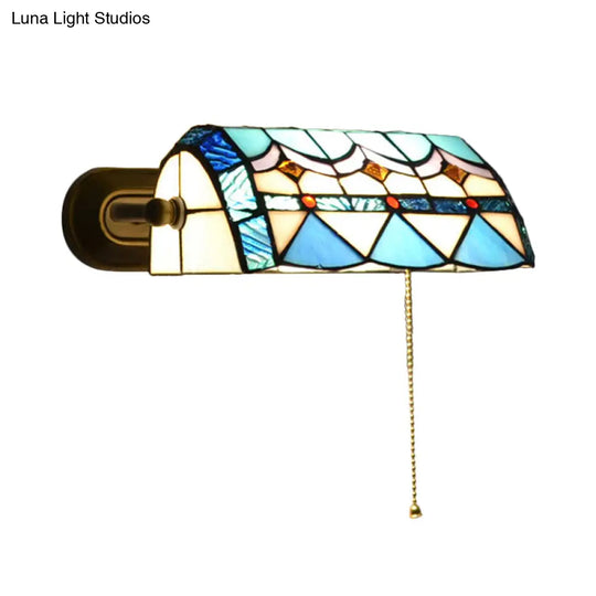 Mediterranean Banker Lamp: Stained Glass Wall Sconce W/ Pull Chain - Blue