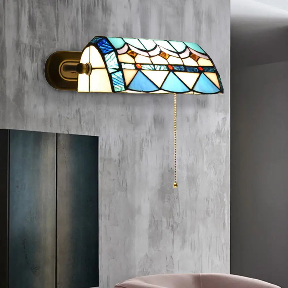 Mediterranean Banker Lamp: Stained Glass Wall Sconce W/ Pull Chain - Blue