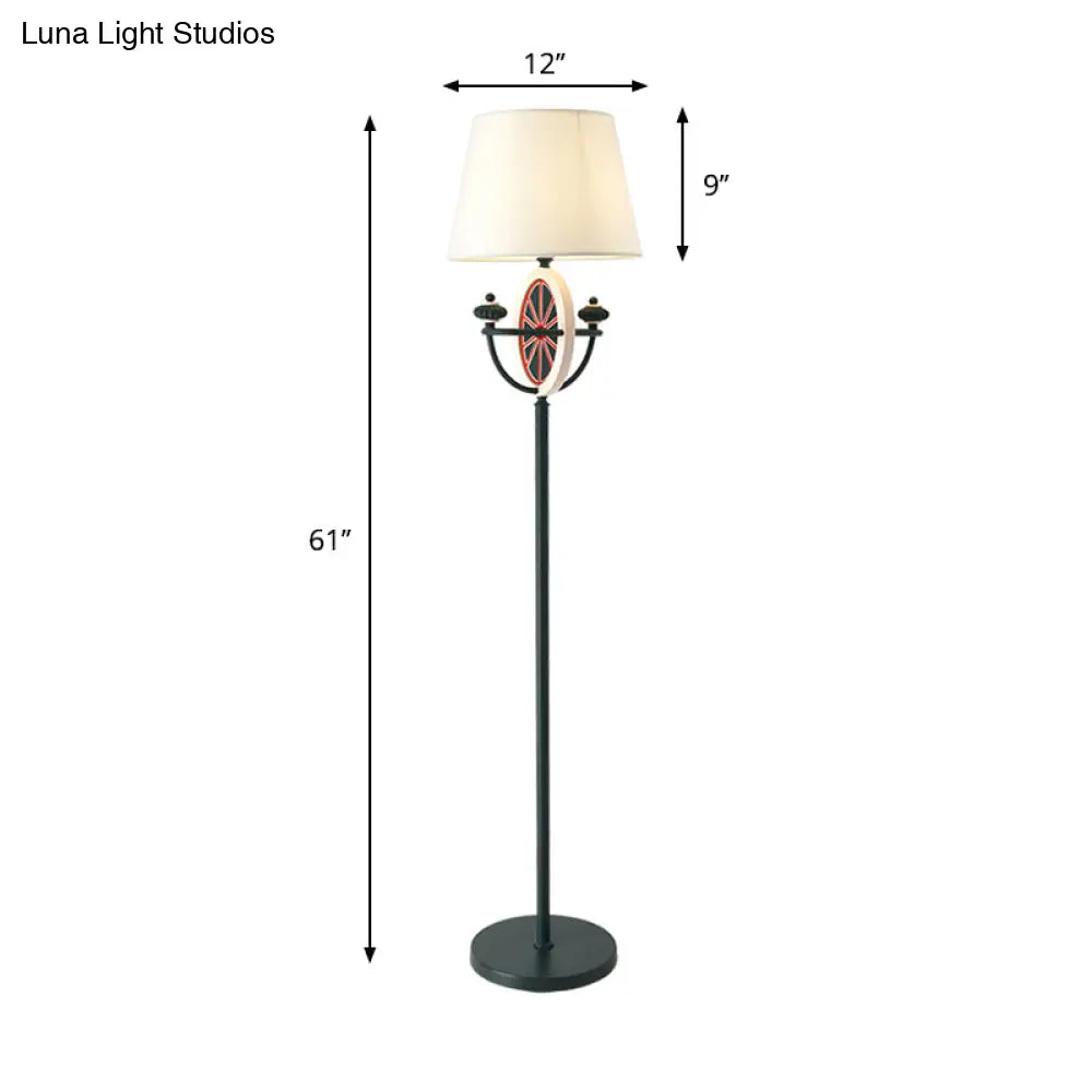 Mediterranean Barrel Floor Lamp - Black Fabric 1 Bulb Round & Bowl Frame Design