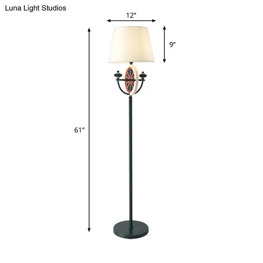 Mediterranean Barrel Floor Lamp - Black Fabric 1 Bulb Round & Bowl Frame Design