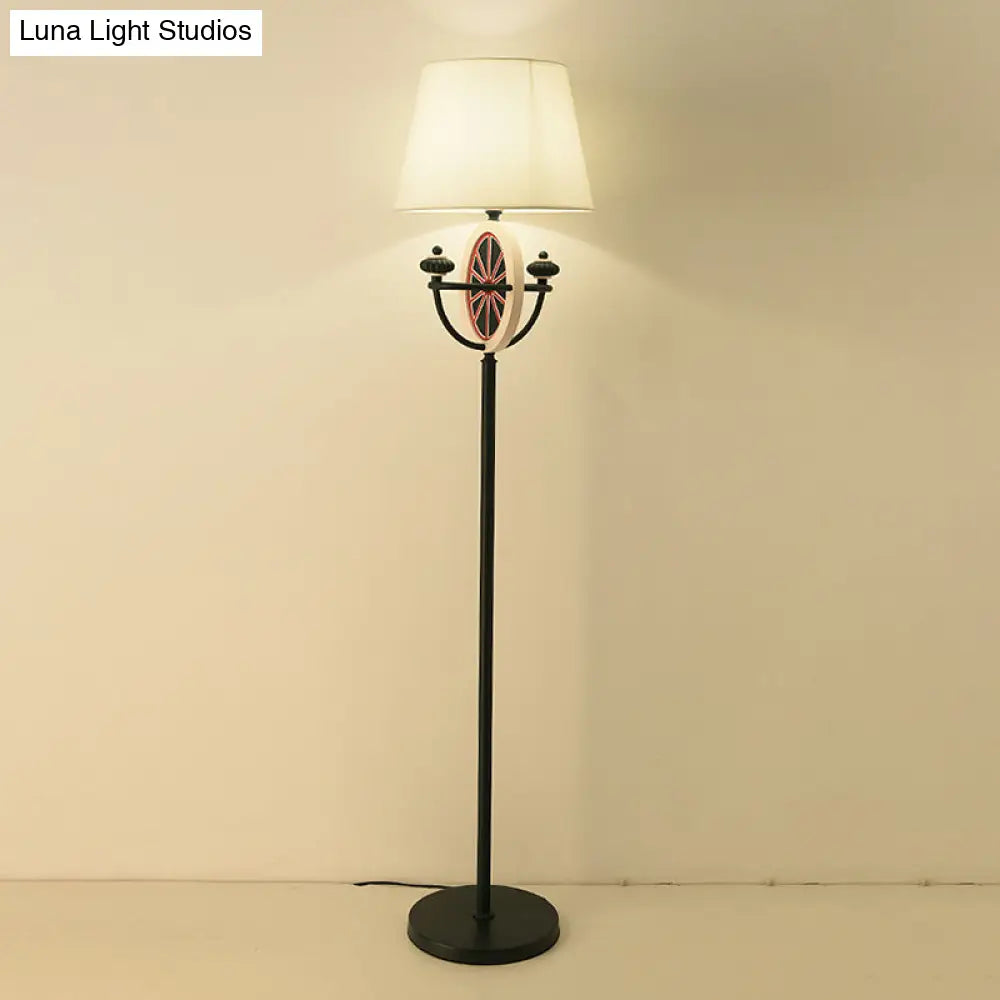 Mediterranean Barrel Floor Lamp - Black Fabric 1 Bulb Round & Bowl Frame Design