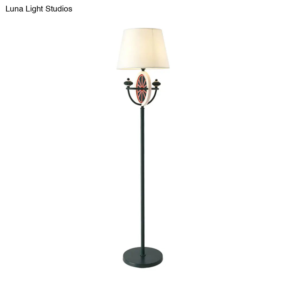 Mediterranean Barrel Floor Lamp - Black Fabric 1 Bulb Round & Bowl Frame Design