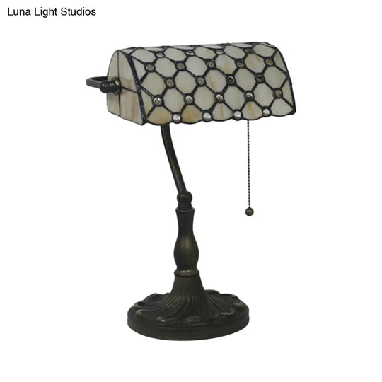 Mediterranean Beige/Blue Glass Jeweled Night Table Lamp With Black Nightstand For Bedroom