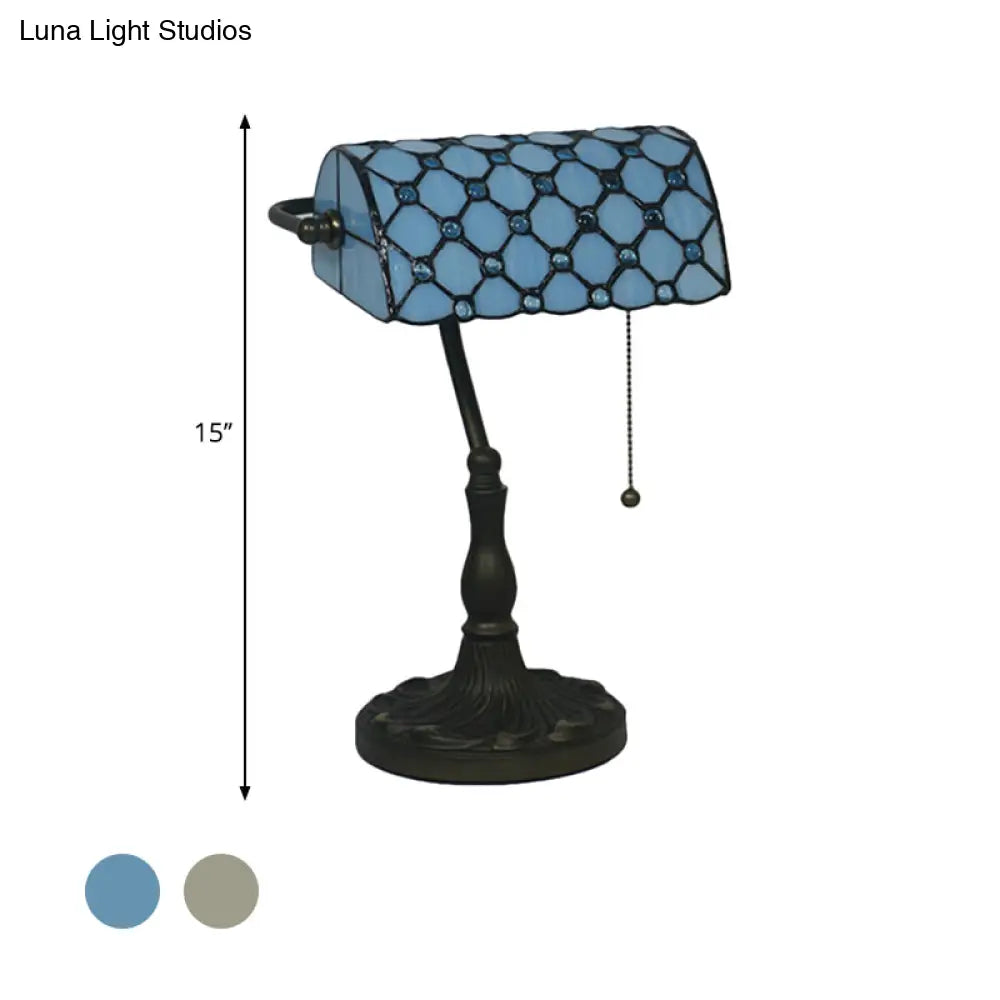 Mediterranean Beige/Blue Glass Jeweled Night Table Lamp With Black Nightstand For Bedroom