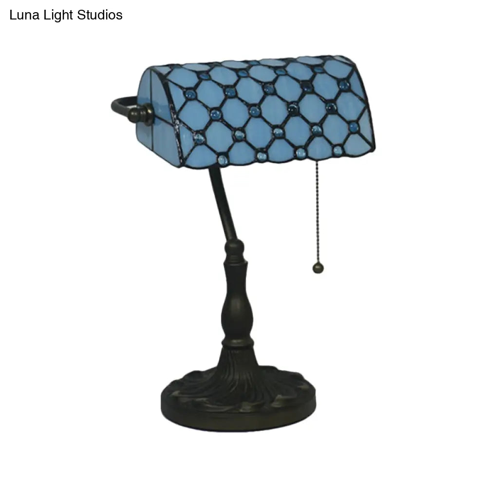 Mediterranean Beige/Blue Glass Jeweled Night Table Lamp With Black Nightstand For Bedroom