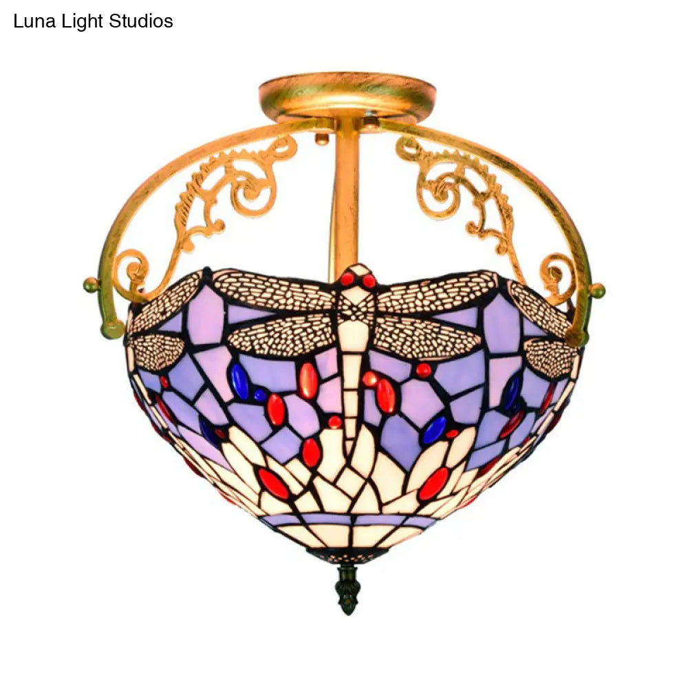 Mediterranean Beige/Red/Orange Dragonfly Semi - Flush Kitchen Ceiling Light With Glass Shade