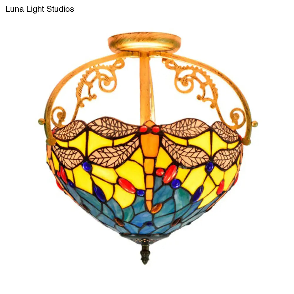 Mediterranean Beige/Red/Orange Dragonfly Semi - Flush Kitchen Ceiling Light With Glass Shade