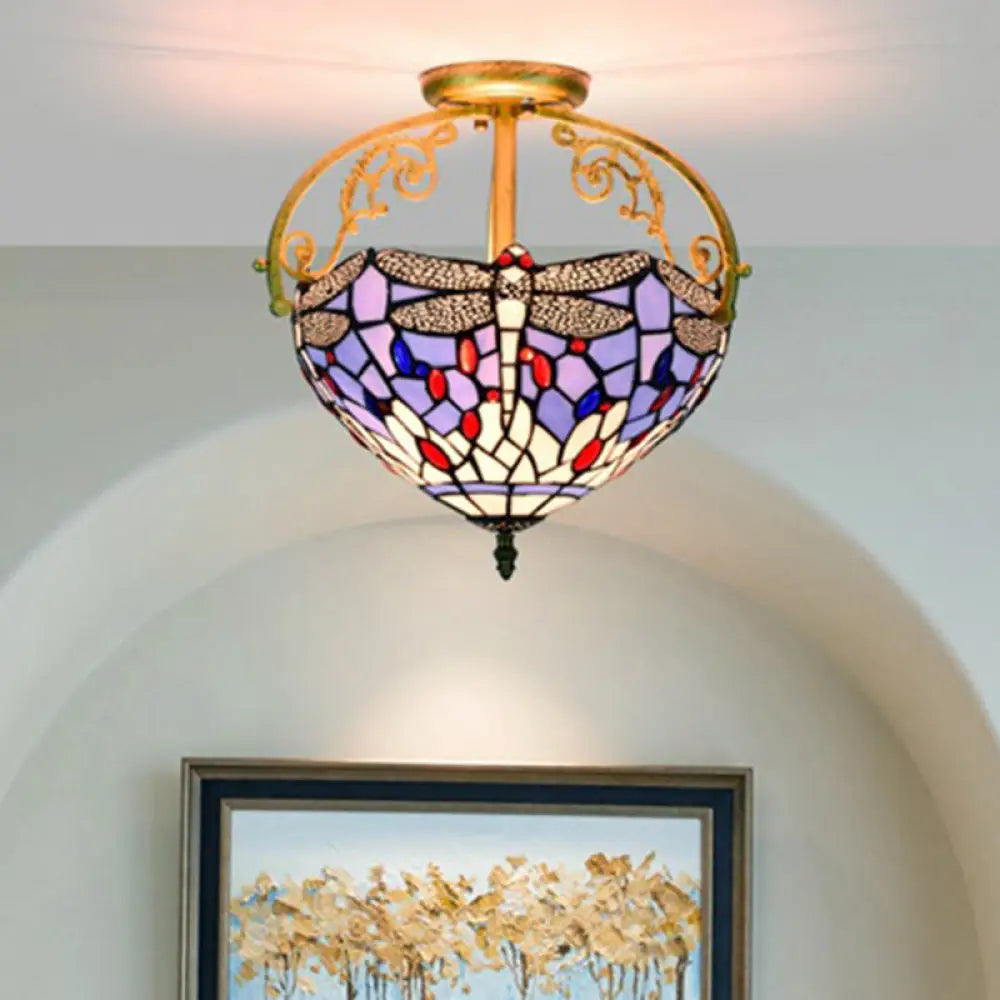 Mediterranean Beige/Red/Orange Dragonfly Semi - Flush Kitchen Ceiling Light With Glass Shade Beige