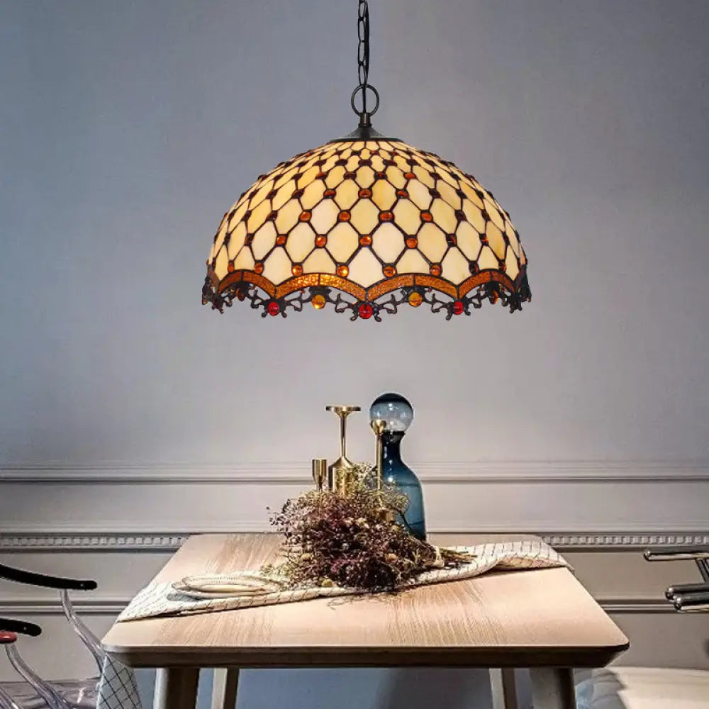 Mediterranean Beige Stained Glass Ceiling Lamp: Scalloped Design 1 Light Suspension Pendant For