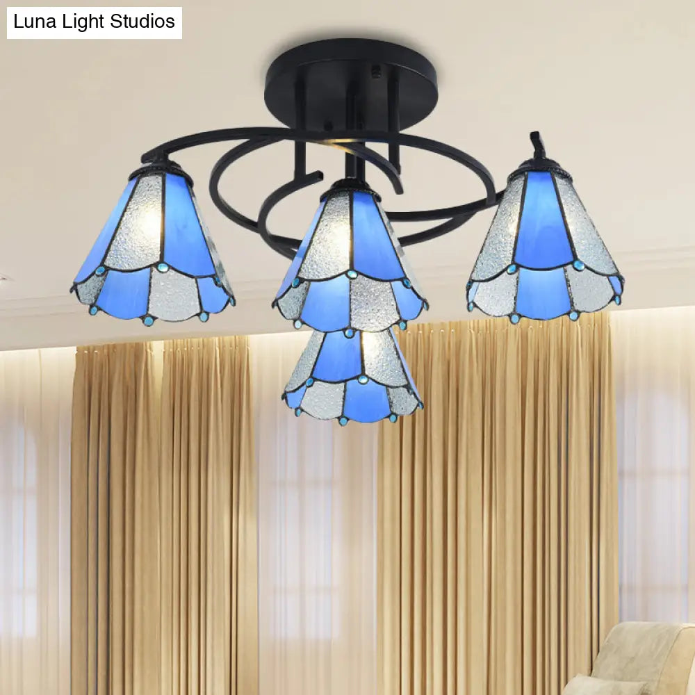 Mediterranean Black Bedroom Ceiling Lamp With Cone/Dome White/Beige/Blue Glass Shade - 4 Lights