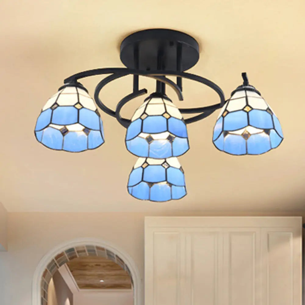 Mediterranean Black Bedroom Ceiling Lamp With Cone/Dome White/Beige/Blue Glass Shade - 4 Lights