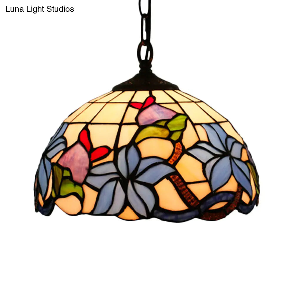 Mediterranean Black Blossom Down Lighting Pendant Light With 1 Stained Glass Red/Yellow/Blue Shade