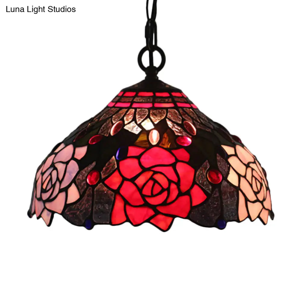 Mediterranean Black Blossom Down Lighting Pendant Light With 1 Stained Glass Red/Yellow/Blue Shade