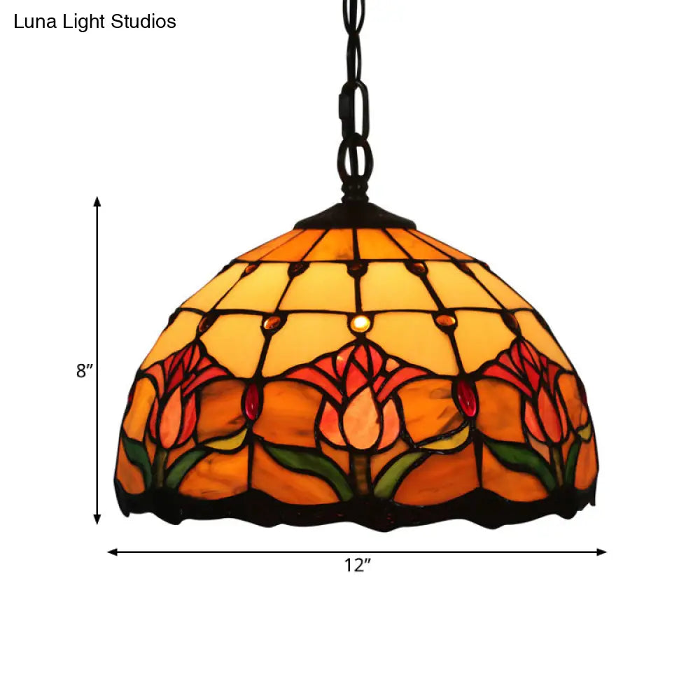 Mediterranean Black Blossom Down Lighting Pendant Light With Colorful Stained Glass - 1
