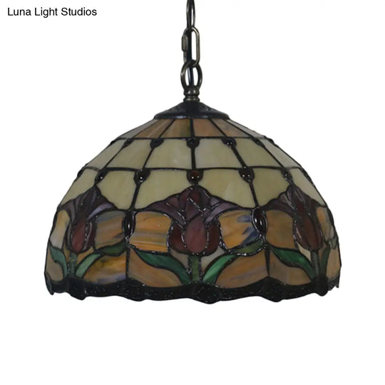 Mediterranean Black Blossom Down Lighting Pendant Light With Colorful Stained Glass - 1