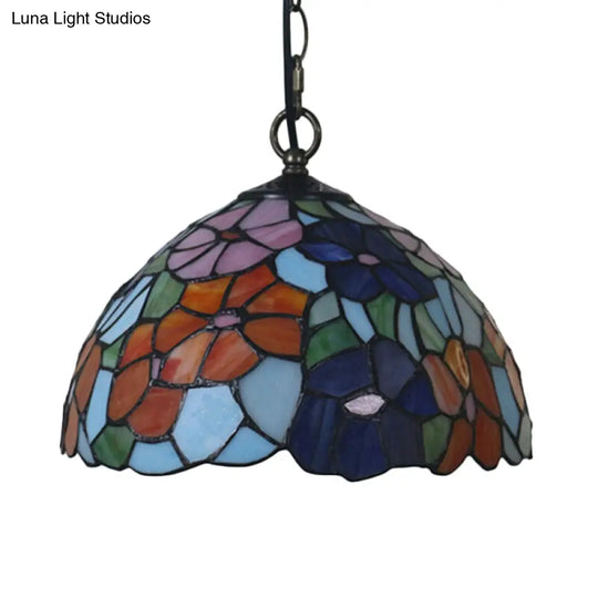 Mediterranean Black Blossom Down Lighting Pendant Light With 1 Stained Glass Red/Yellow/Blue Shade