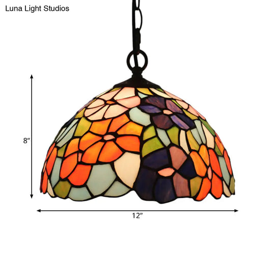 Mediterranean Black Blossom Down Lighting Pendant Light With 1 Stained Glass Red/Yellow/Blue Shade