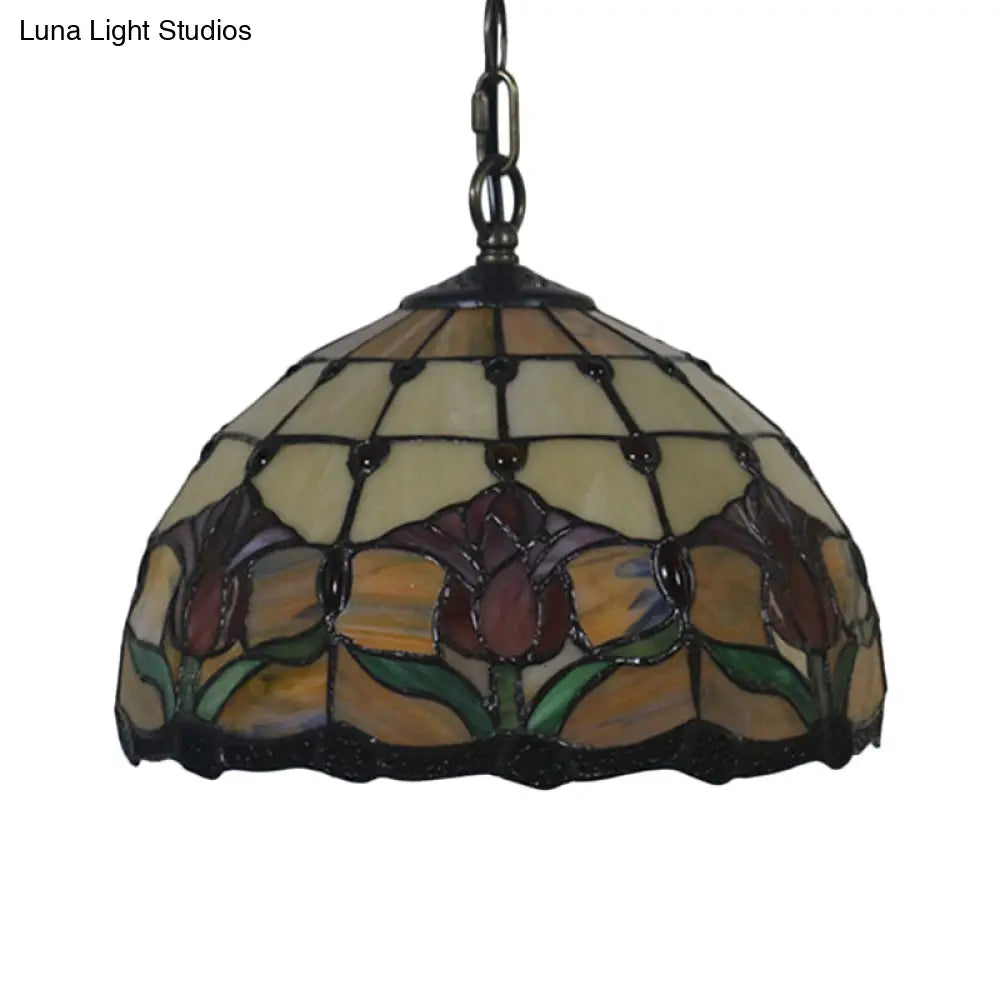 Mediterranean Black Blossom Down Lighting Pendant Light With 1 Stained Glass Red/Yellow/Blue Shade