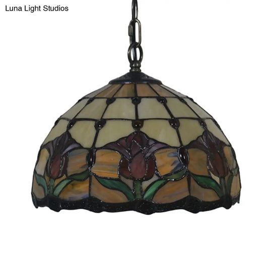 Mediterranean Black Blossom Down Lighting Pendant Light With 1 Stained Glass Red/Yellow/Blue Shade