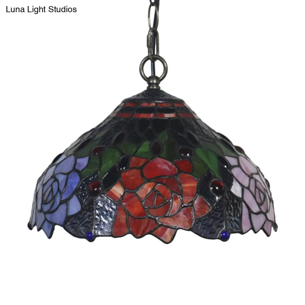 Mediterranean Black Blossom Down Lighting Pendant Light With 1 Stained Glass Red/Yellow/Blue Shade