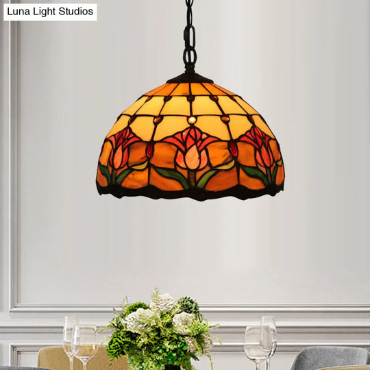 Mediterranean Black Blossom Down Lighting Pendant Light With 1 Stained Glass Red/Yellow/Blue Shade