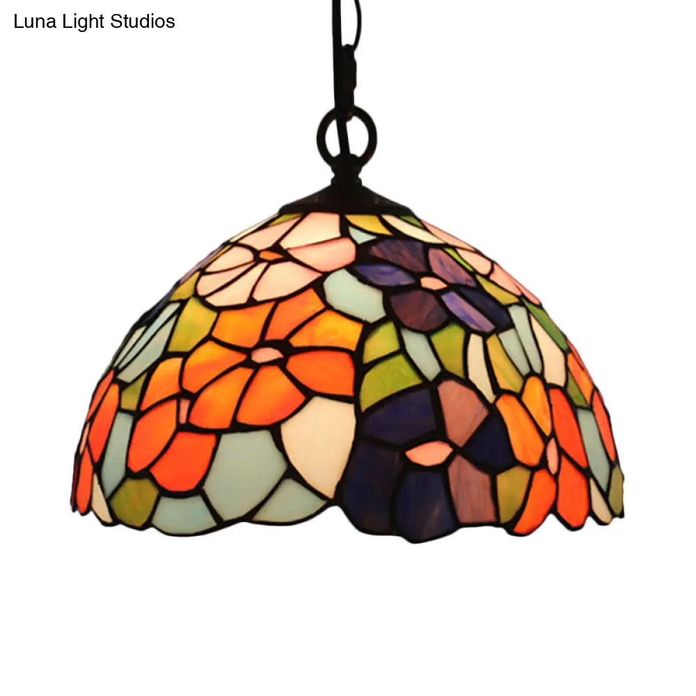 Mediterranean Black Blossom Down Lighting Pendant Light With 1 Stained Glass Red/Yellow/Blue Shade