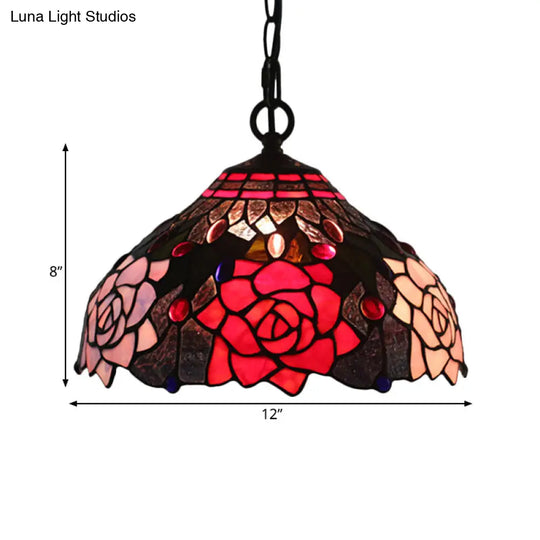 Mediterranean Black Blossom Down Lighting Pendant Light With 1 Stained Glass Red/Yellow/Blue Shade