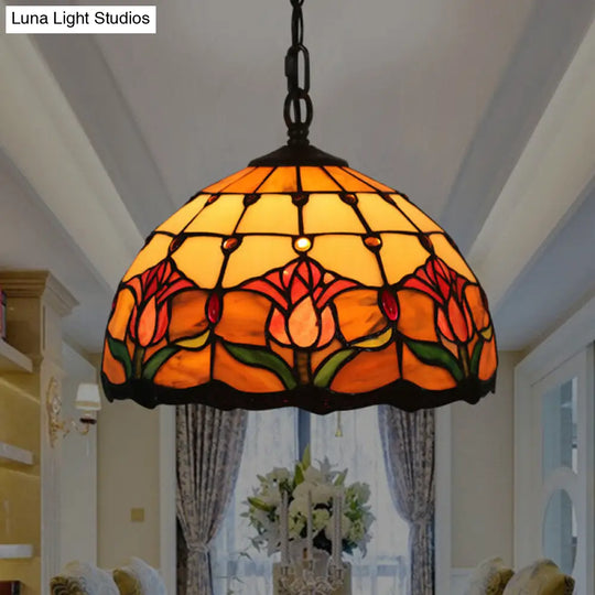 Mediterranean Black Blossom Down Lighting Pendant Light With 1 Stained Glass Red/Yellow/Blue Shade