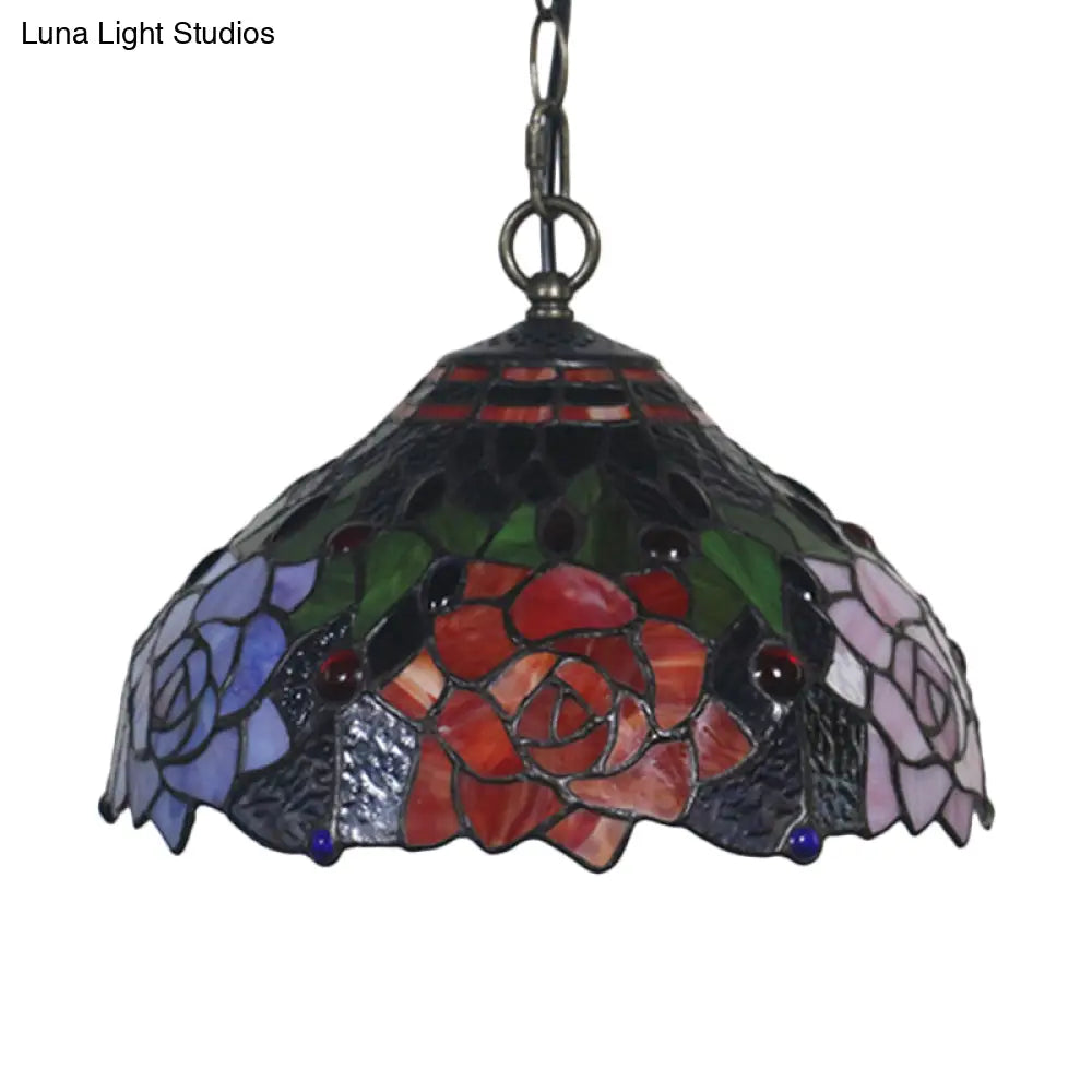 Mediterranean Black Blossom Down Lighting Pendant Light With Colorful Stained Glass - 1