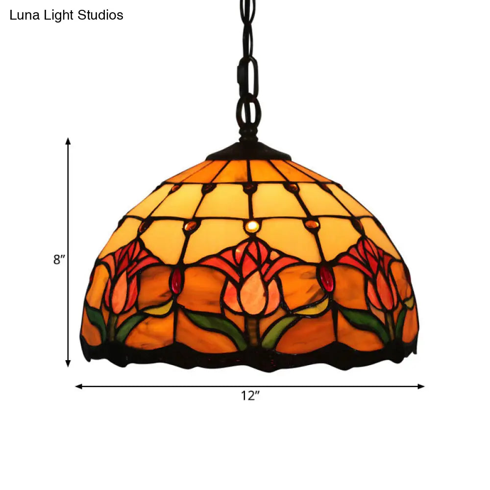 Mediterranean Black Blossom Down Lighting Pendant Light With 1 Stained Glass Red/Yellow/Blue Shade