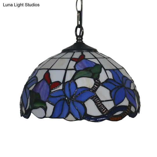 Mediterranean Black Blossom Down Lighting Pendant Light With 1 Stained Glass Red/Yellow/Blue Shade